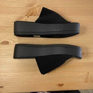 Black, platform, wedge fabric slide shoe. Platform height 1.75 inches, Size 10